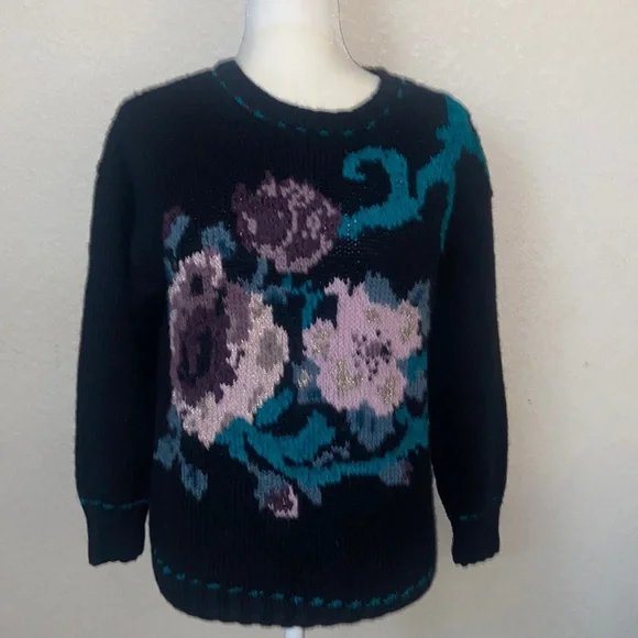 Vintage 80s Carole Little For St. Tropez West Black Hand Knit Floral Sweater S - Picture 4 of 7
